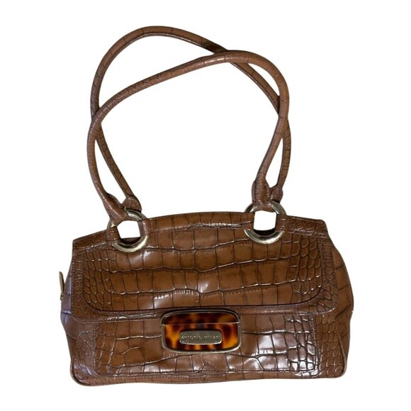 VTG Antonio Melani Purse Satchel Croc Embossed Brown Leather Green Lining 8x13 - Picture 1 of 5